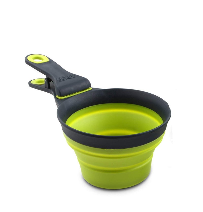 Dexas Popware for Pets Collapsible Klip Scoop, 3 in 1 Design Convenient Measuring Cup, Food Scooper and Bag Clip, 1/2 Capacity Pet Food Scoop, Versatile Food Measuring Cups Portion Control Gray/Green - Image 1